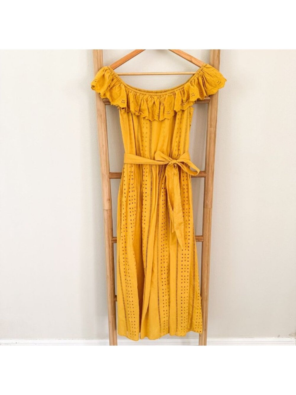 Zara TRF Yellow Eyelet Off Shoulder Midi Dress Tie Waist Cotton Size Small